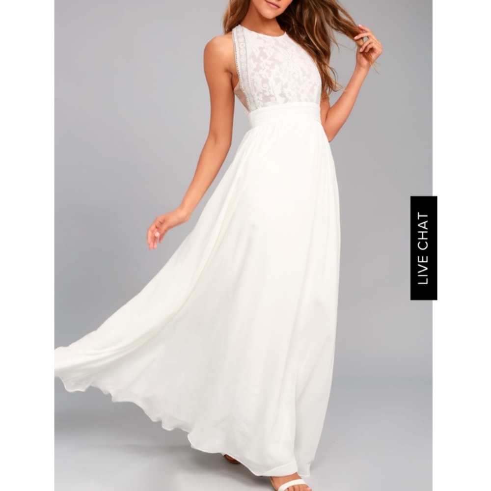 Lulu’s Forever and Always white lace maxi dress